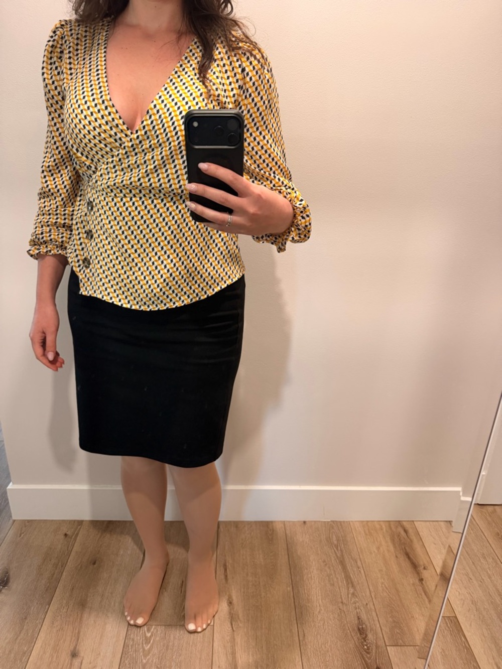 Crave Fame Yellow and Navy Geometric Wrap Peplum Blouse